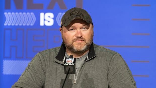 Jets general manager Joe Douglas speaks at NFL combine